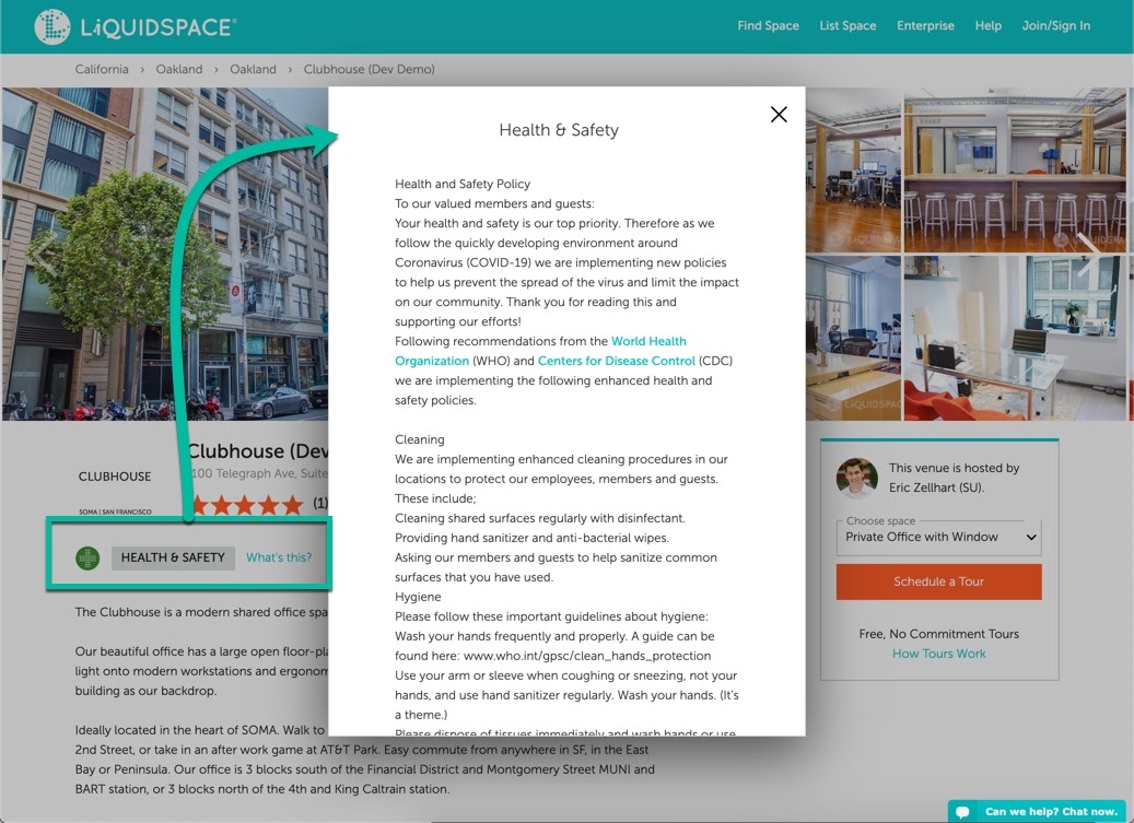 Screenshot of LiquidSpace portal with health and safety announcement